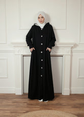 Black Printed Button-Down Hoodie – Modest Casual Wear