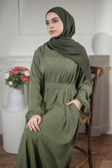 Premium Olive Green Belted Abaya with Pockets - Modest Maxi Dress