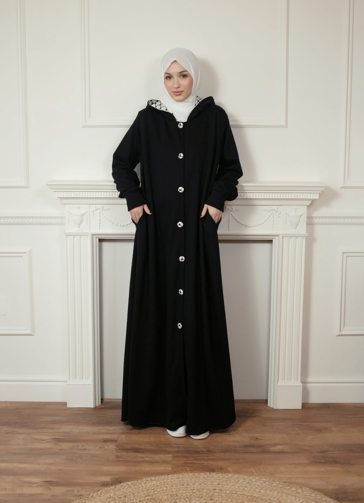 Black Printed Button-Down Hoodie – Modest Casual Wear