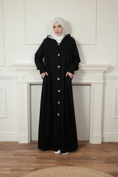 Black Printed Button-Down Hoodie – Modest Casual Wear