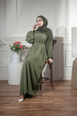 Premium Olive Green Belted Abaya with Pockets - Modest Maxi Dress